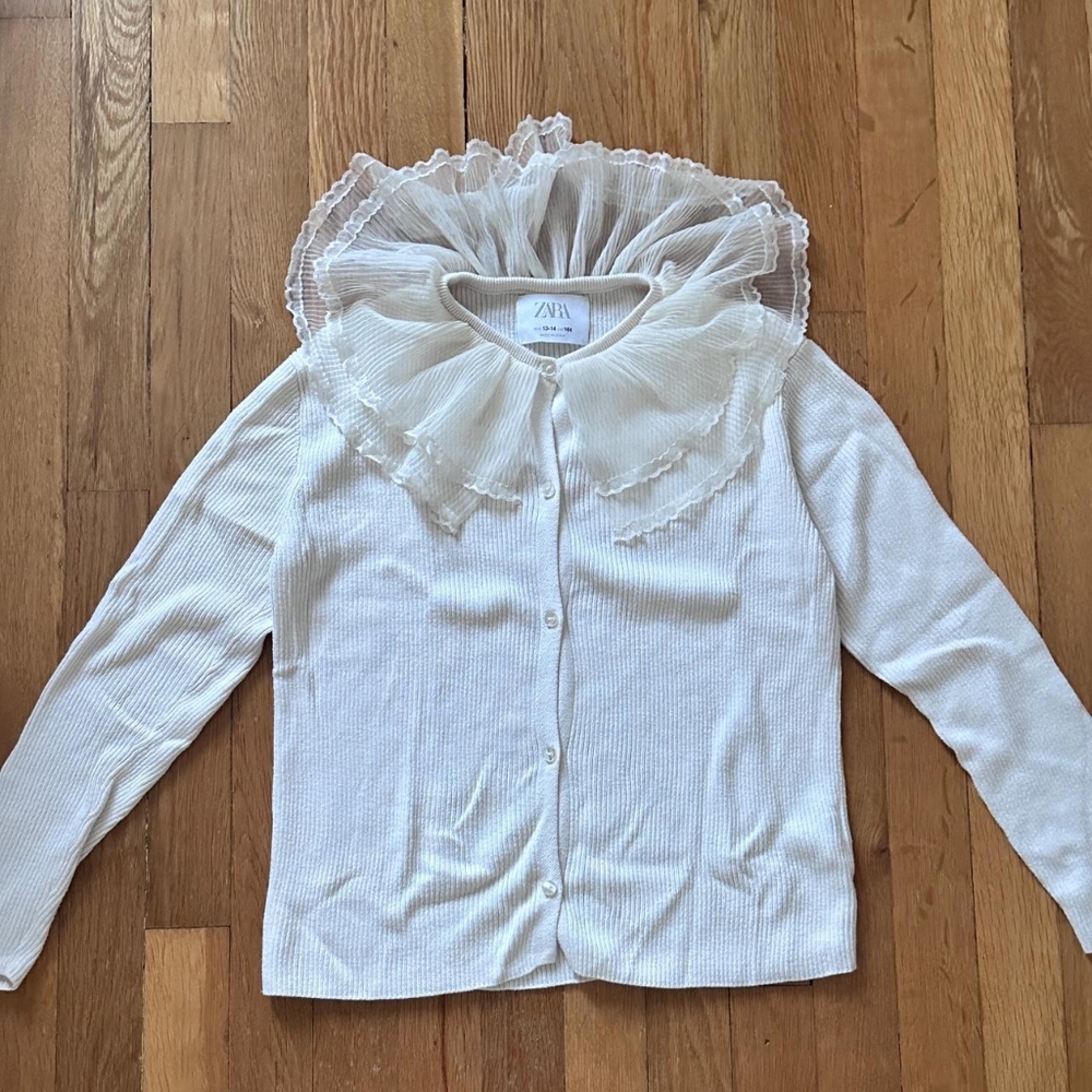 Zara White Ruffled Collar Cardigan